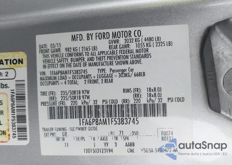 2015 Ford Mustang V6 from USA, damaged, VIN 1FA6P8AM1F5383745